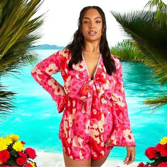 Boohoo NWT gorgeous Pink Floral Plus Size Romper Playsuit Sold Out Size 20 - Picture 5 of 6